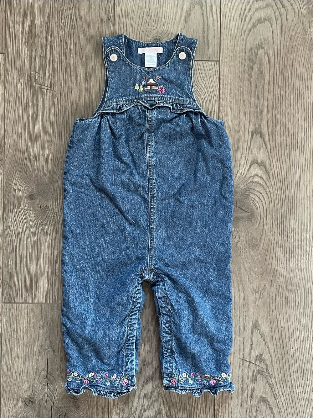 Vintage Janie and Jack 2003 Snow Cabin Floral Embroidered Denim 12-18m Romper